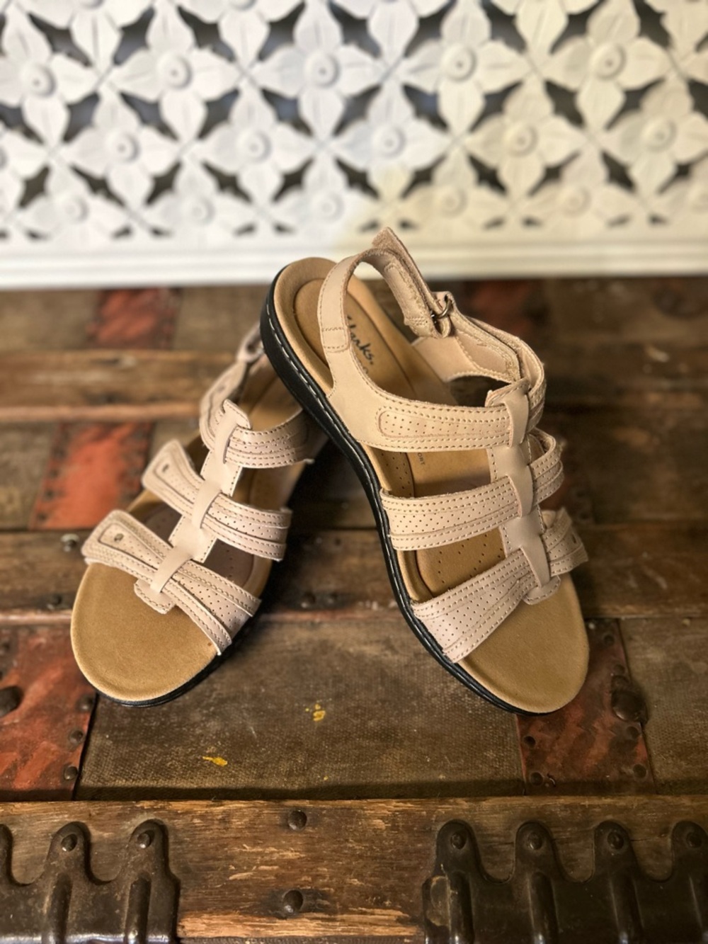 Comfortable Women's Clarks Tan Strappy Sandals with Adjustable Ankle Leather